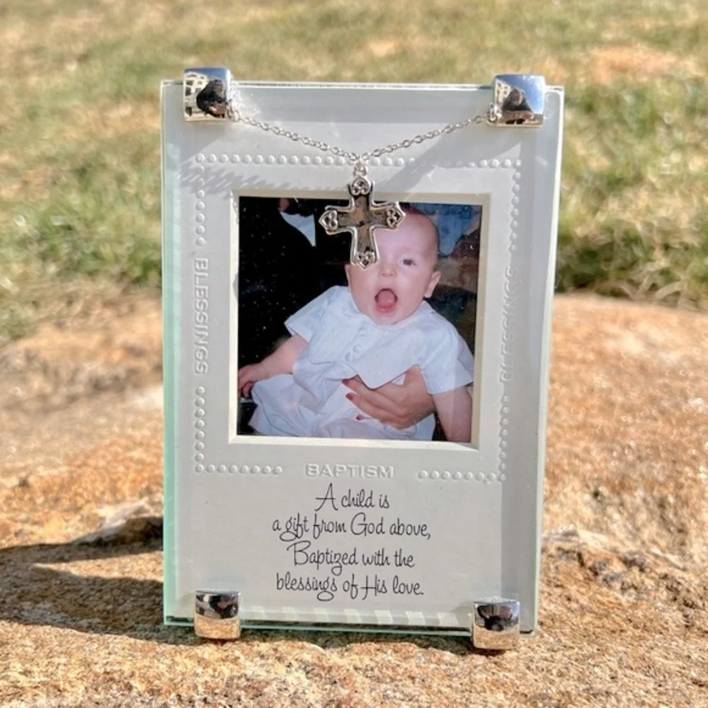 Baptism Small Glass Picture Frame Blessings Poem Cross Pendant Ivory Matte